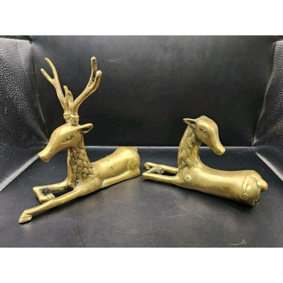 (2) Brass Deer Reindeer Figures Mid Century Modern Buck Doe Laying Down - Picture 1 of 11